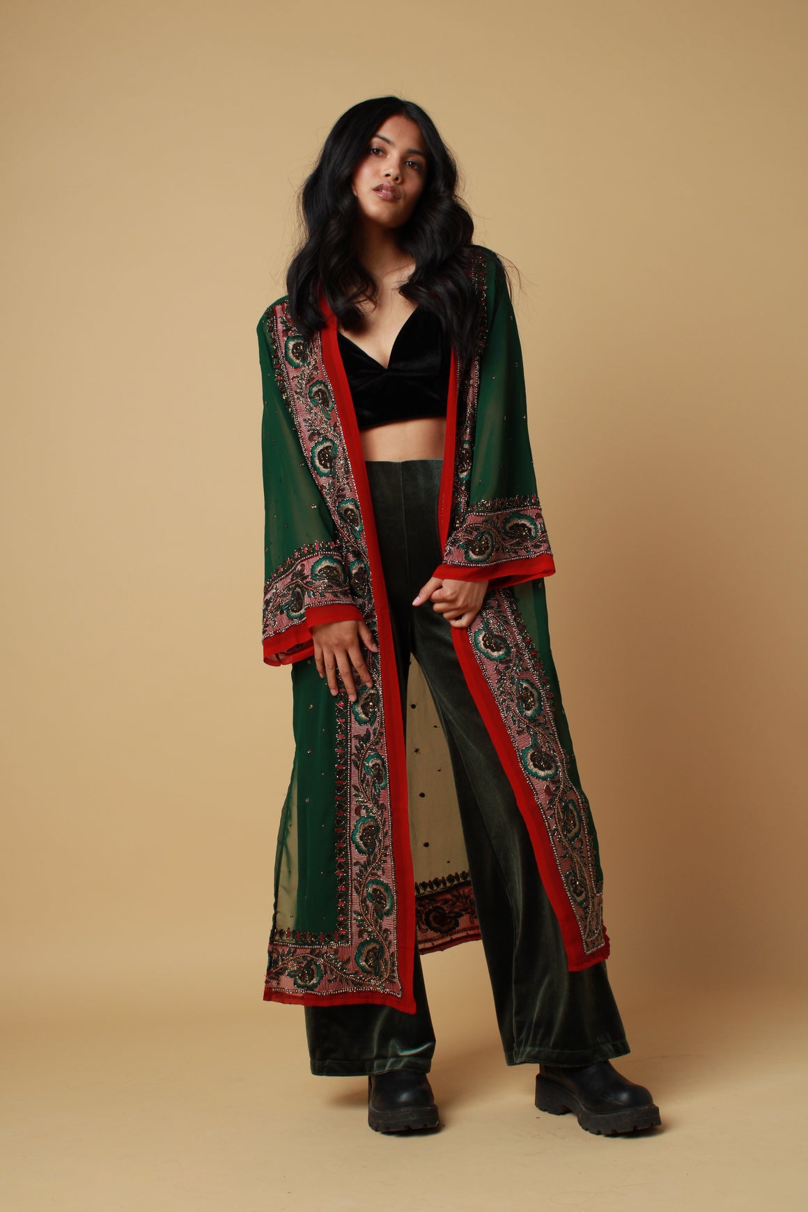 Bottle Green Embellished Kimono