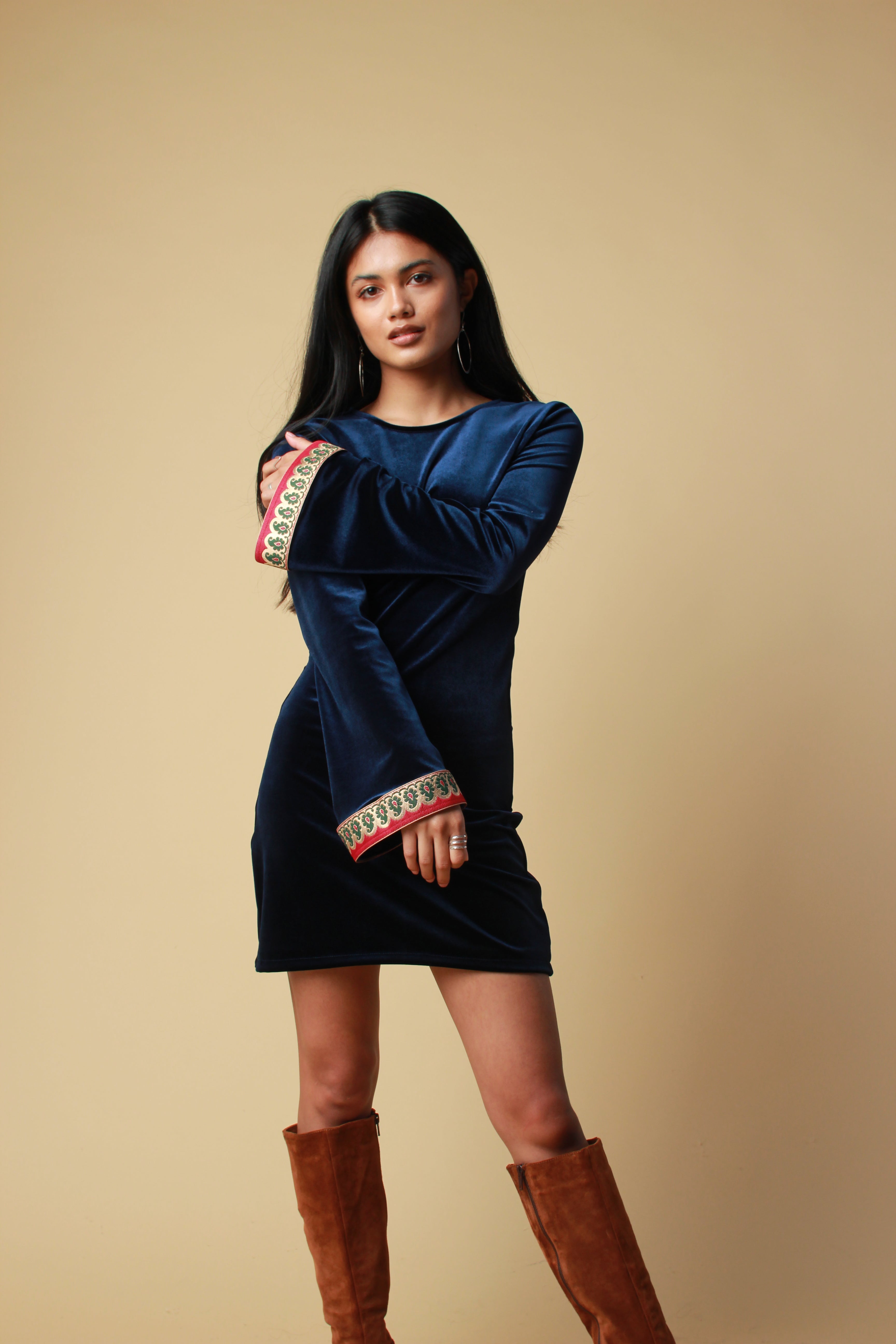 blue dress brown boots Blue Velvet Dress